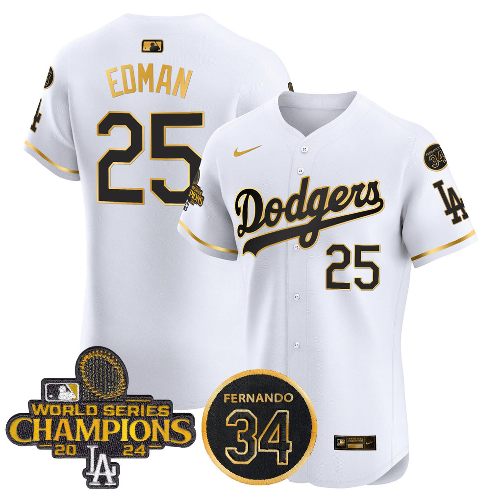 Men's Dodgers 2024 World Series Champions Gold Trim Vapor Premier Elite Jersey V2 - All Stitched